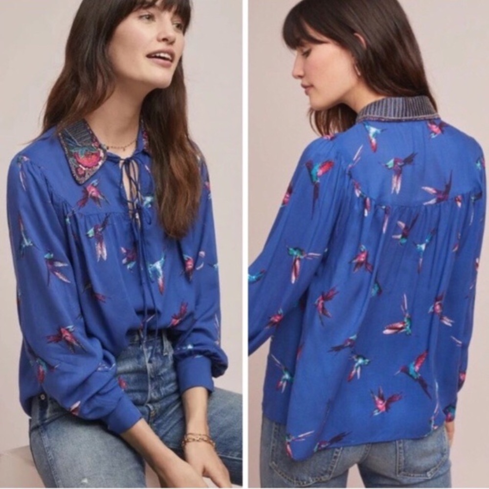 Anthropologie Audubon Beaded Collar Blouse